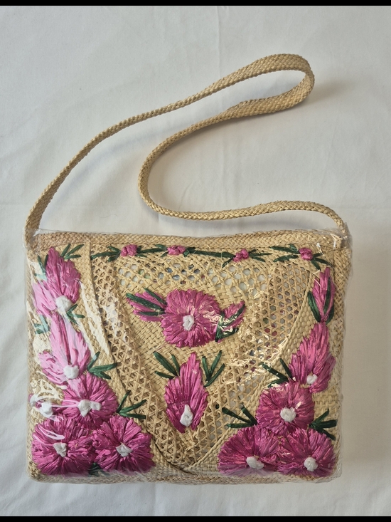 Handmade Handbags - Jamaica Handmade Woven Straw Crossbody Bag Pink Floral Boho Beach
